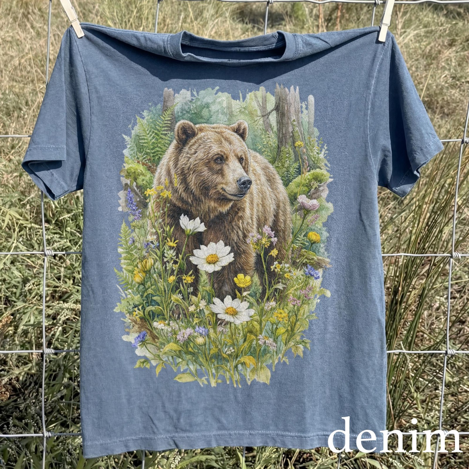 Vintage Floral Bear Graphic Tee Rustic Woodland Wildlife Shirt