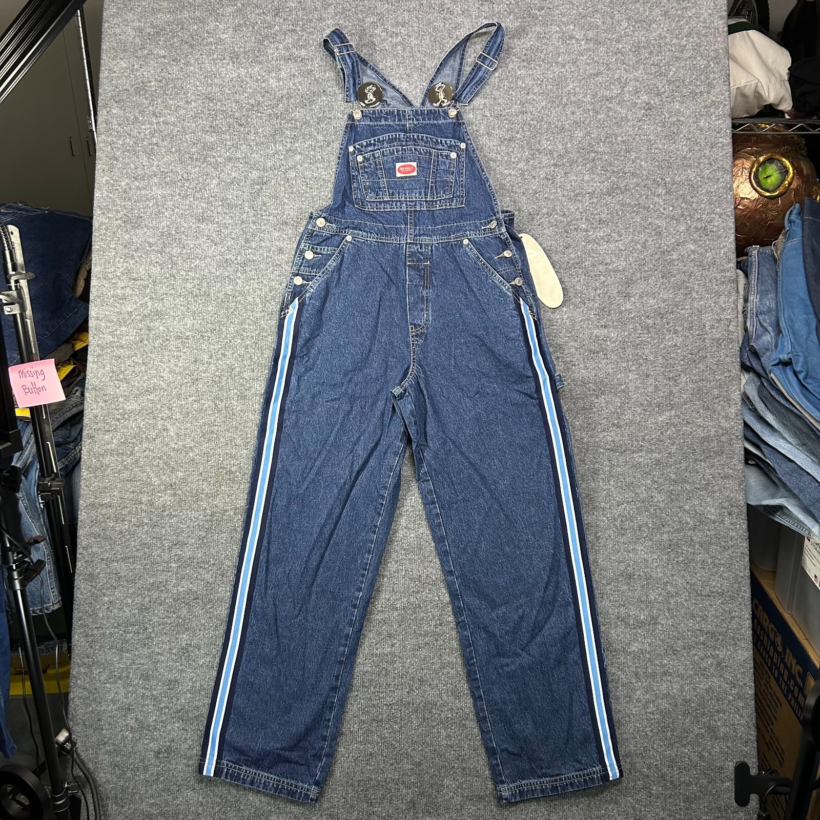 Revolt Overall Men’s Medium Blue Denim Side Stripes Pockets Workwear – 32X30 NWT