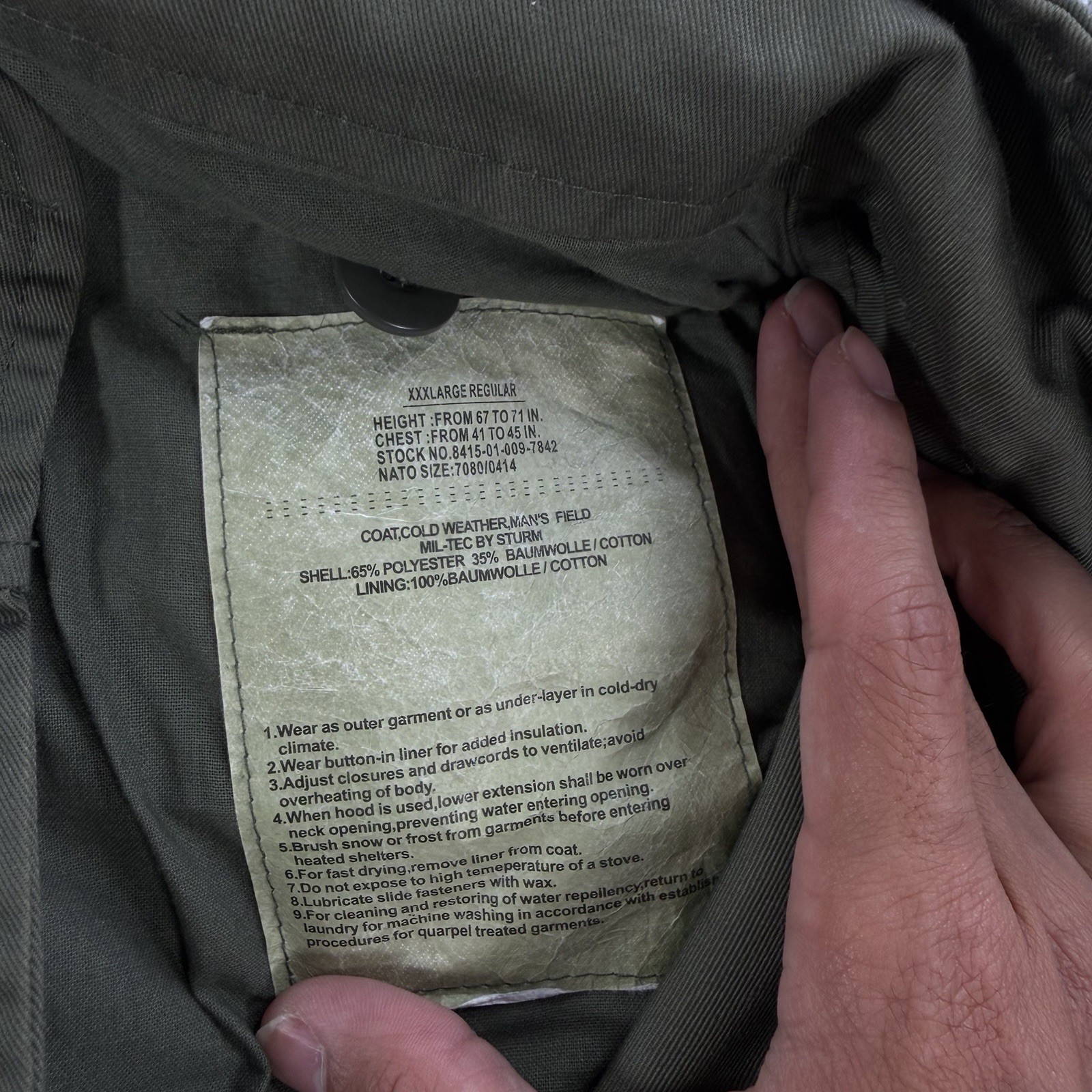 Mil-Tec Sturm M65 OG-107 Cold Weather Field Jacket Coat Mens 3XL Military Army