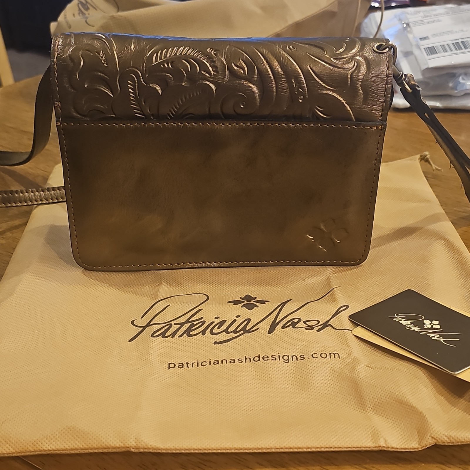 Patricia Nash Gold Floral Embossed Crossbody Bag Zip/Push Lock, Dust Bag