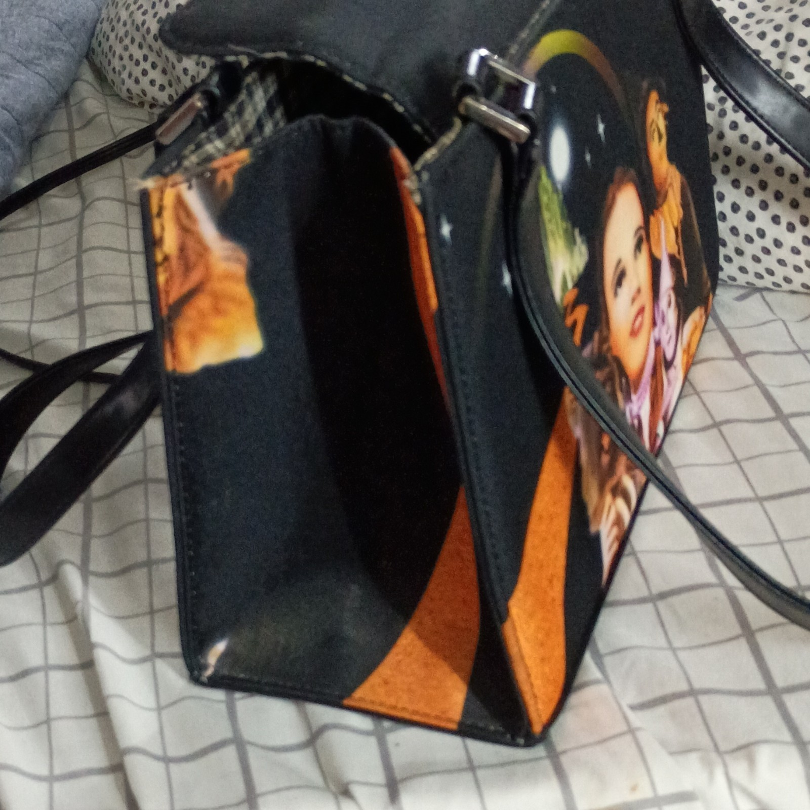 Wizard of Oz Graphic Print Black Shoulder Bag Studded Rhinestones Medium