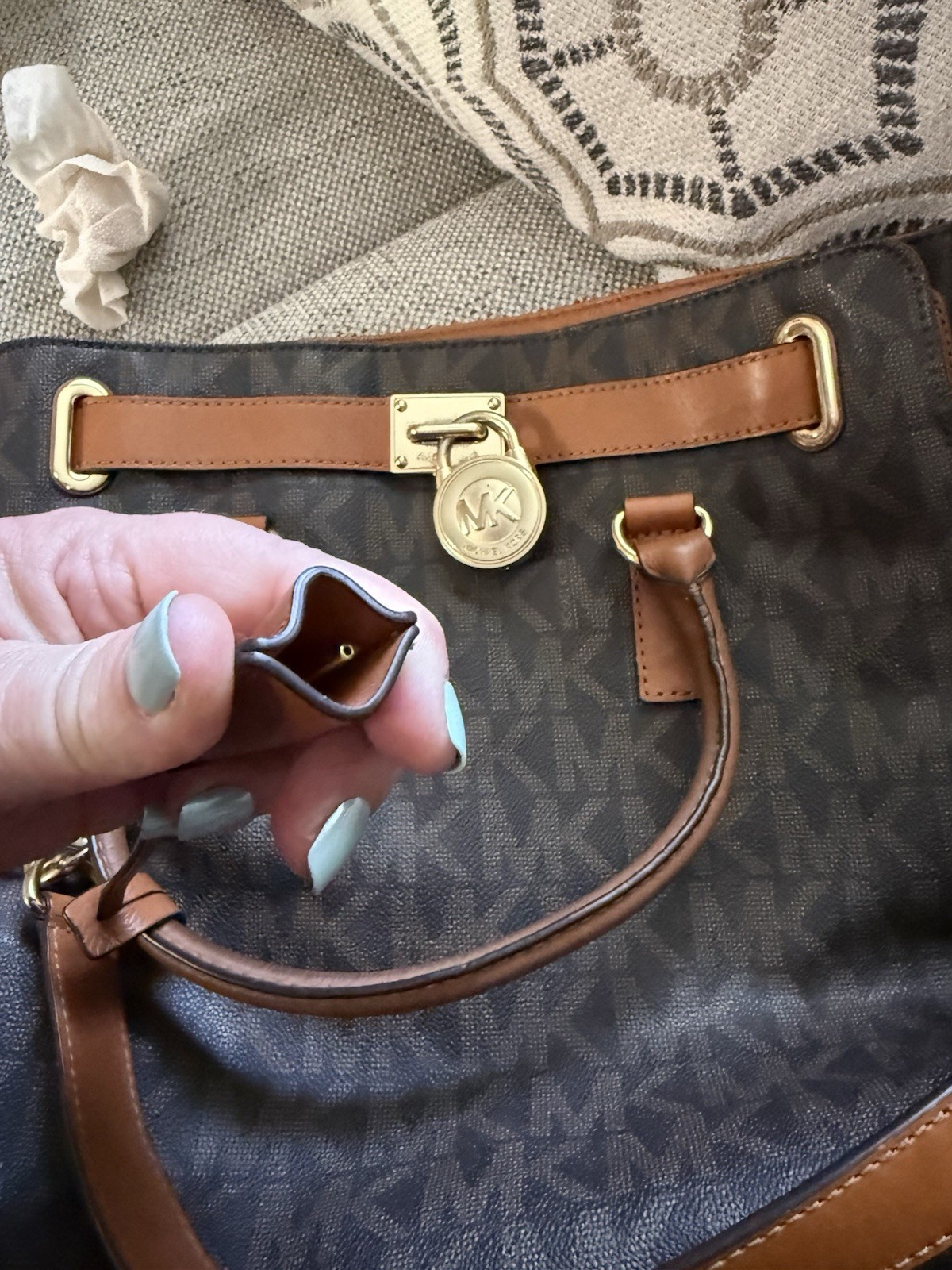 Michael Kors Brown MK Monogram Large Satchel Top Handle, Detachable Strap