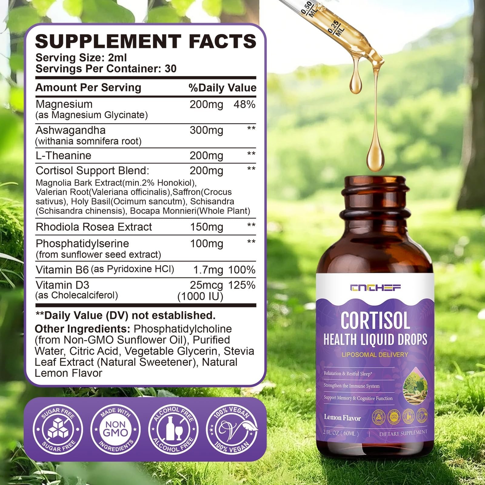 CNCHEF Cortisol Supplement Liquid Drops Lemon 2 fl oz Stress Support