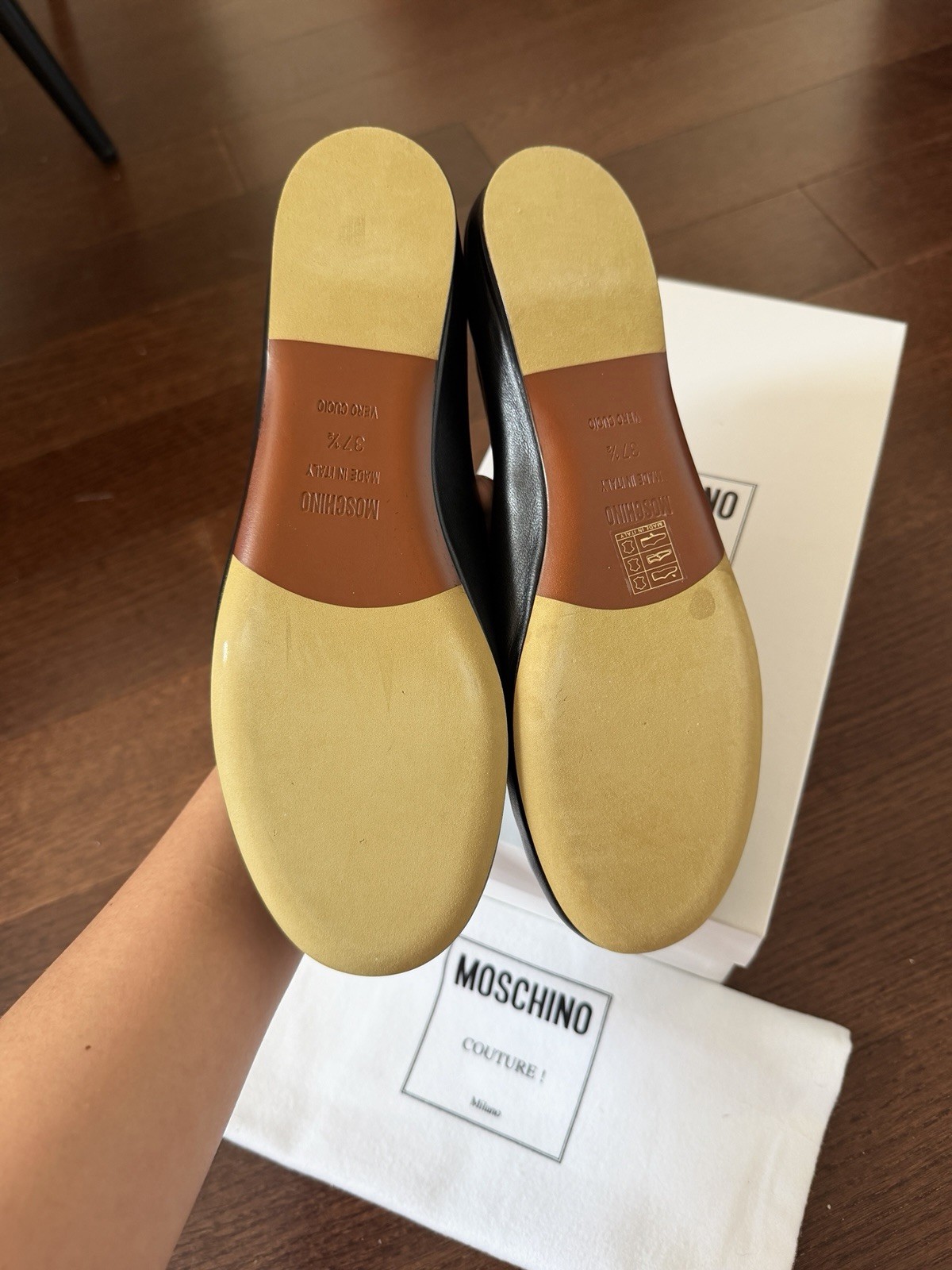 Moschino Women’s Black Leather Slip-On Ballet Flats Round Toe Logo EU37.5