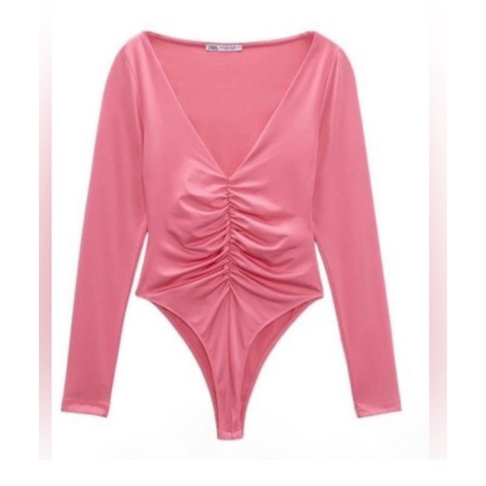 NWT Zara Ruched Effect Long Sleeve Thong Bodysuit Bright Pink Small Barbiecore