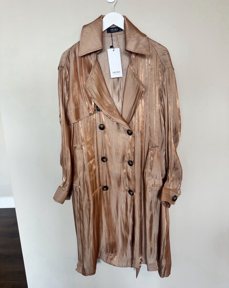 AKIRA Metallic Rose Gold Double-Breasted Trench Coat