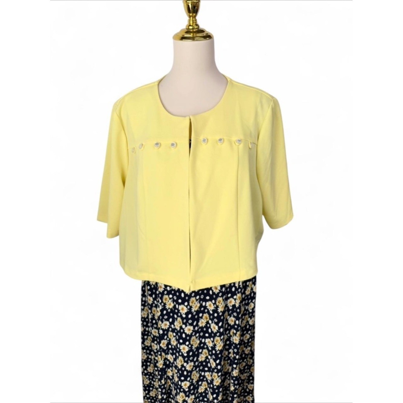NWT Perceptions Woman 2-Pc Dress Set 1X Yellow Cropped Jacket Navy Daisy Midi
