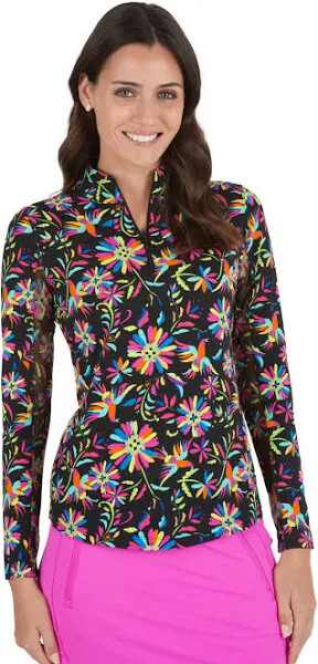 NWT IBKUL ESTELA BLACK MULTI Long Sleeve Mock Golf Tennis Shirt XS S M L XL XXL