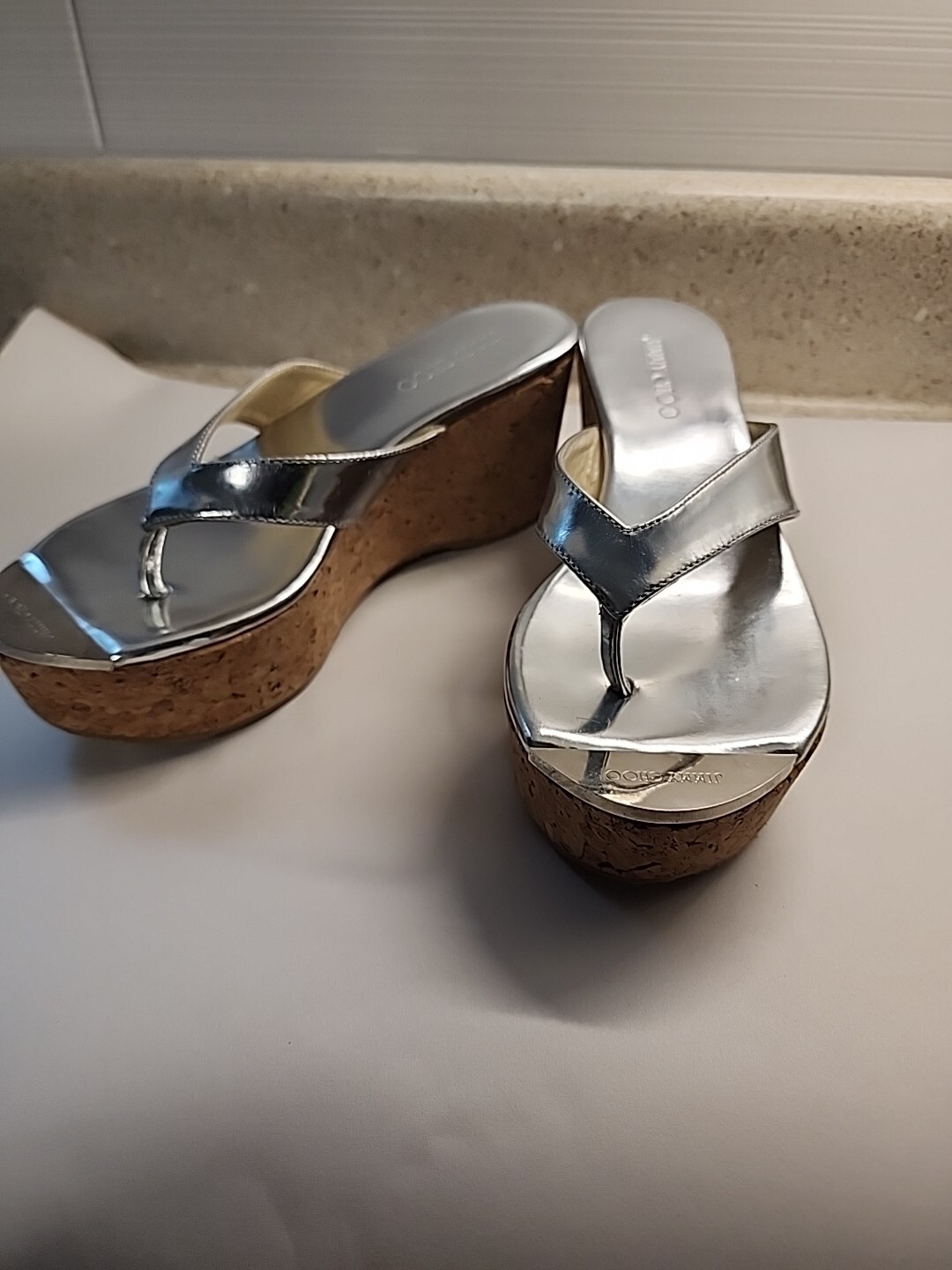 Jimmy Choo Sz 35 1/2, Cork Wedge Sandals Silver