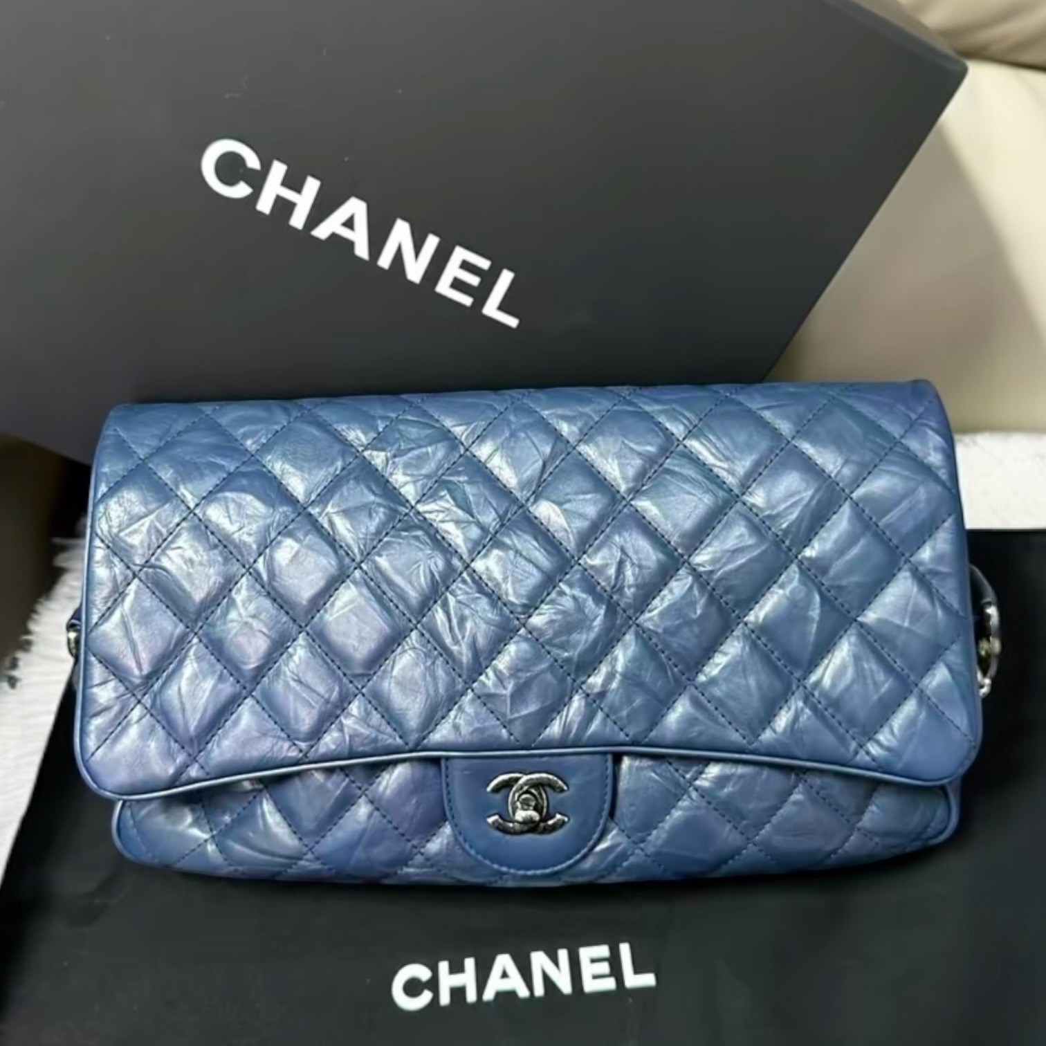 Chanel Navy Blue Calfskin Classic Flap Bag ruthenium hardware MAXI XL