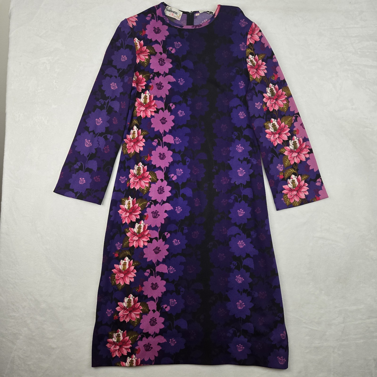 Goldworm Vintage Italy Purple Floral Sheath Dress 60’s Size 14 Knee Length