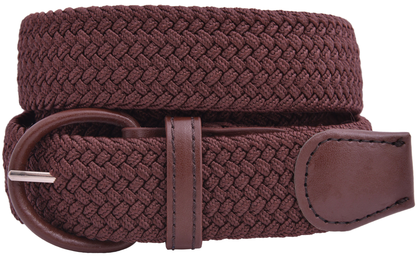 Leather Covered Buckle Woven Elastic Stretch Belt 1-1/4″ Wide – Brown – TBS1100