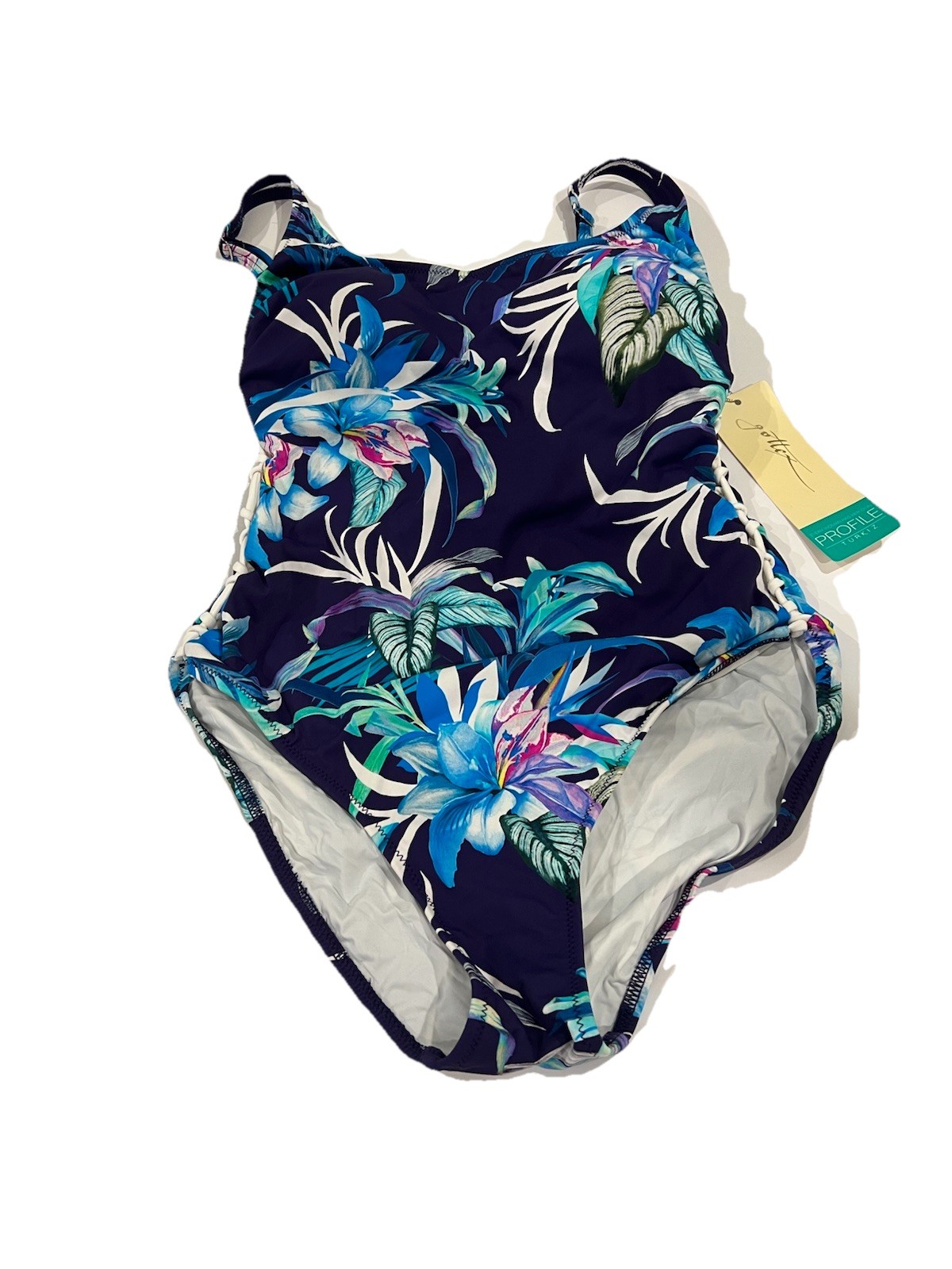NWT *Defect Stain* Profile By Gottex Size 10 Blue Floral Side Lace-Up Swimsuit