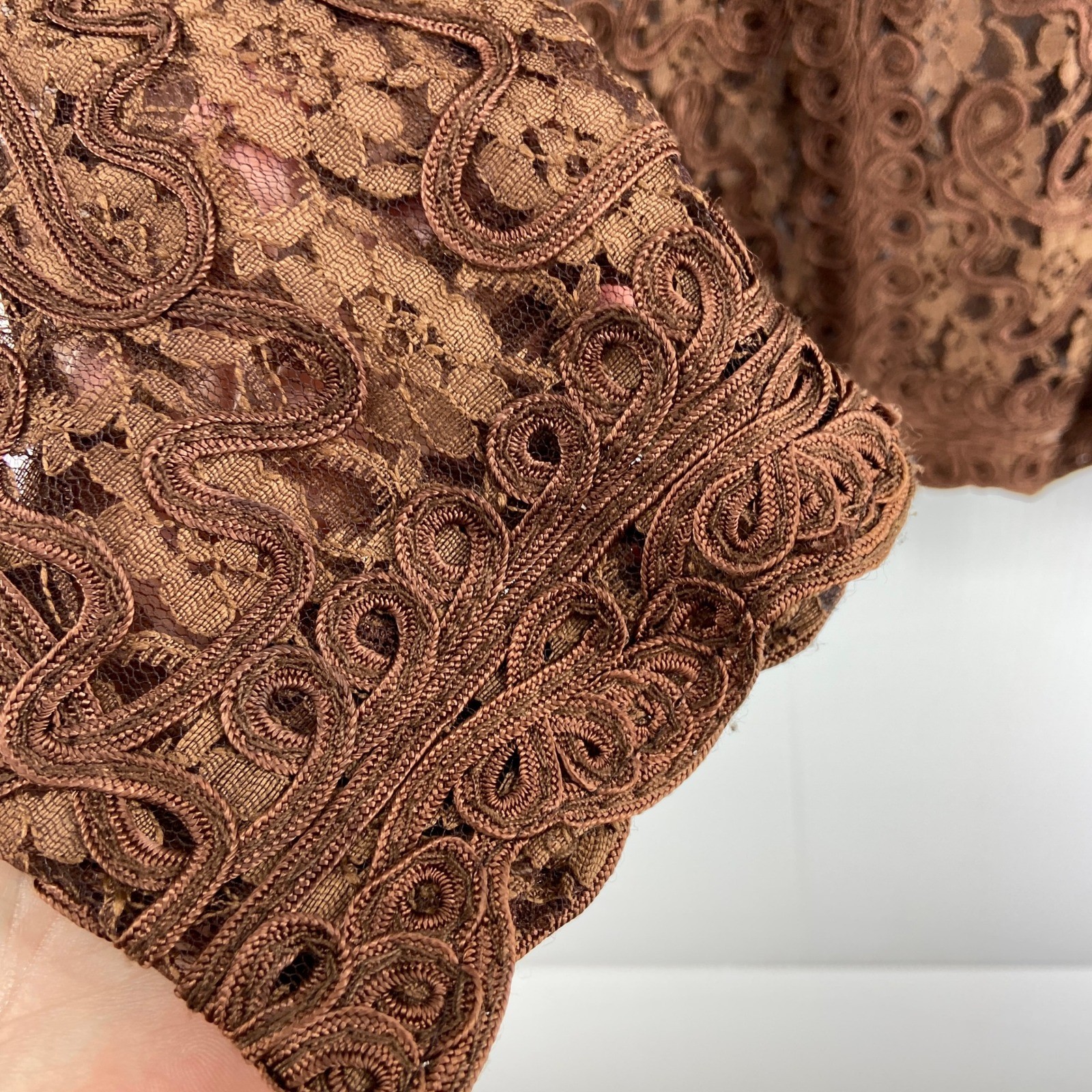 Pretty Angel Brown Silk Lace Long Sleeve Wide Collar Blouse Womens Medium