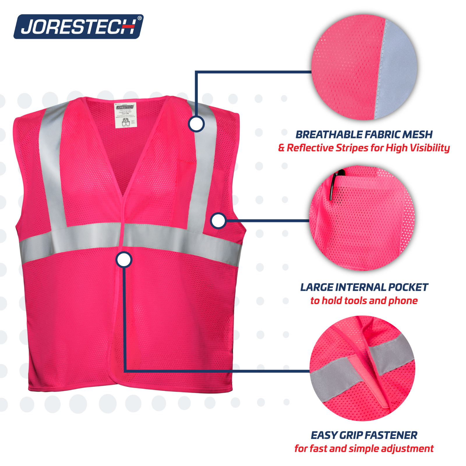 SAFETY VEST PINK Reflective Tape/ High Visibility JORESTECH