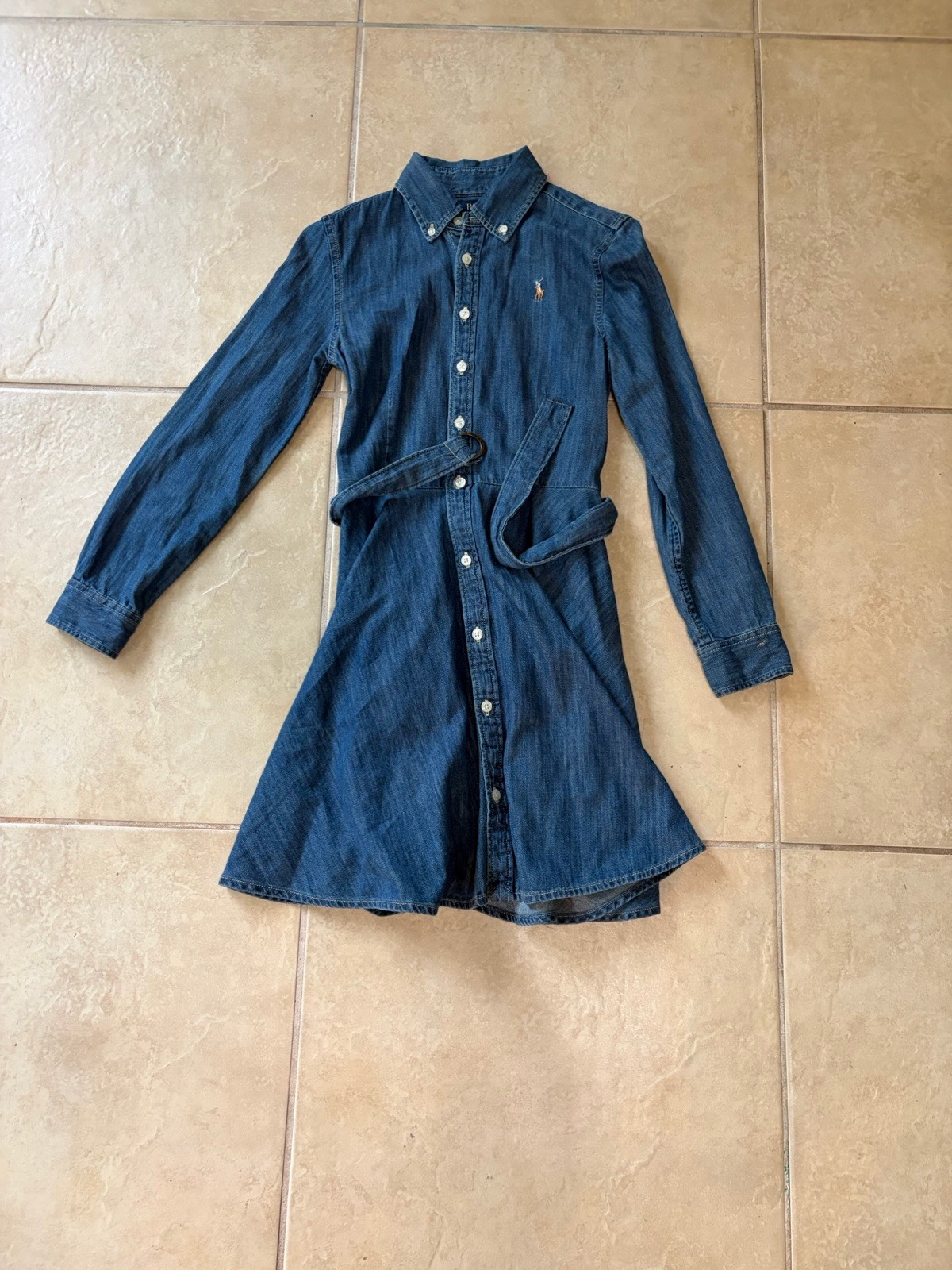 Polo Ralph Lauren Girls Blue Denim Shirt Dress Belted Long Sleeve Size 10