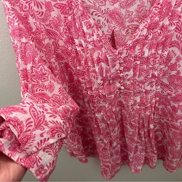 Counterparts Blouse Womens XL Pink Paisley Floral Pintuck V-Neck 3/4 Sleeve