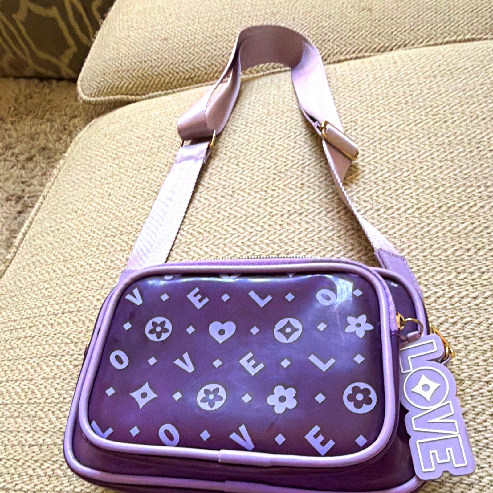 Claire Logo Crossbody Bag Small Rectangle Zip Lined Gold Hardware LOVE Charm