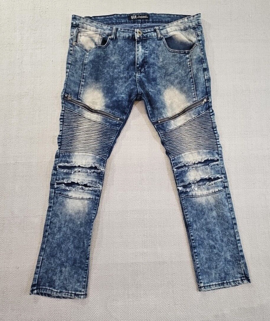 Rok Hand Crafted Jeans Men’s 38×32 Med Wash Moto Tapered Leg Stretch Ruching EUC