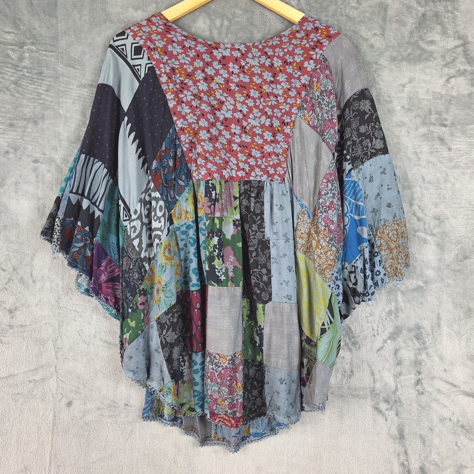 Womens Top One Size Patchwork Floral Boho Poncho Festival Hippie Oversized Artsy