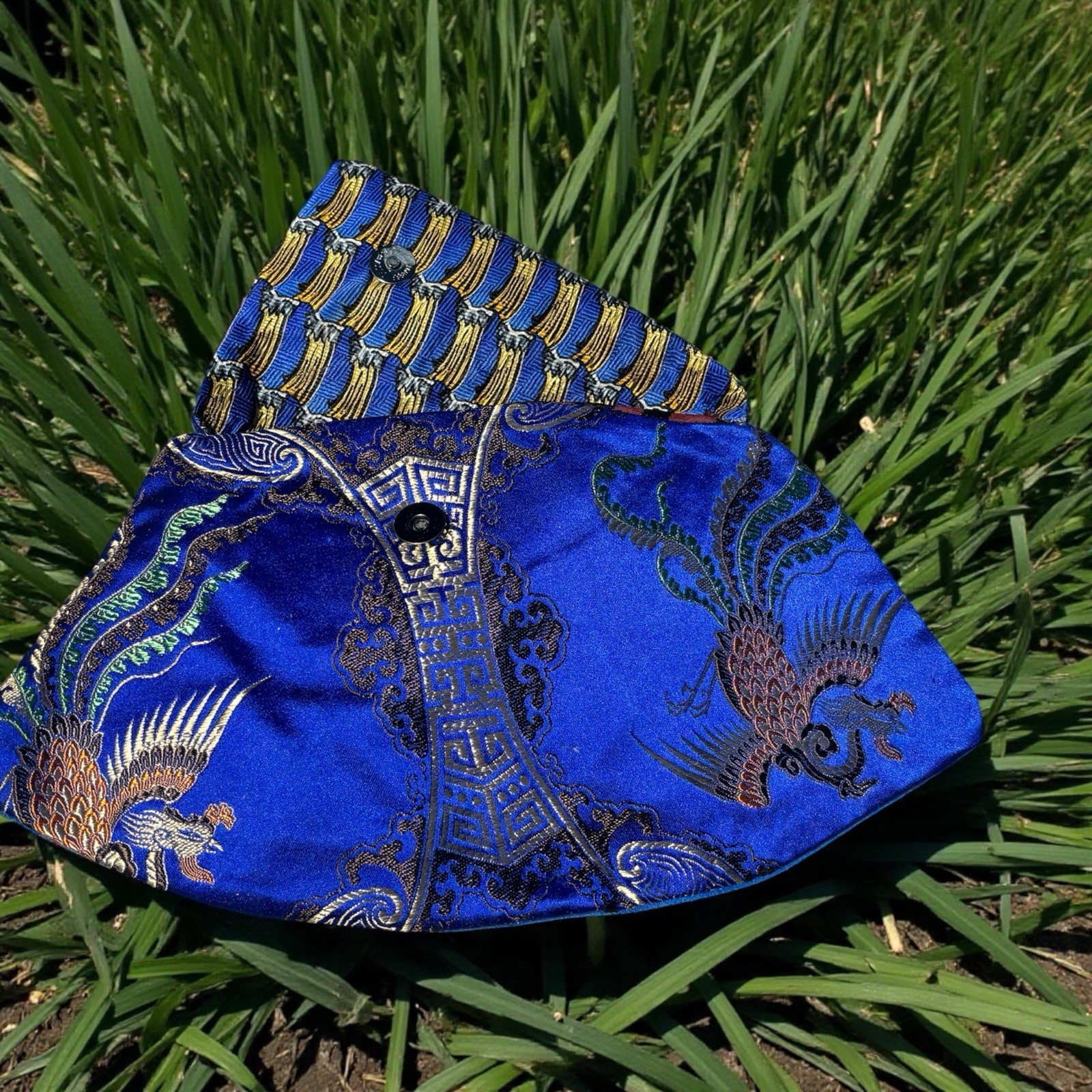 Blue Embroidered Bird Design Patterned Fabric, silk brocade and velvet up cycled