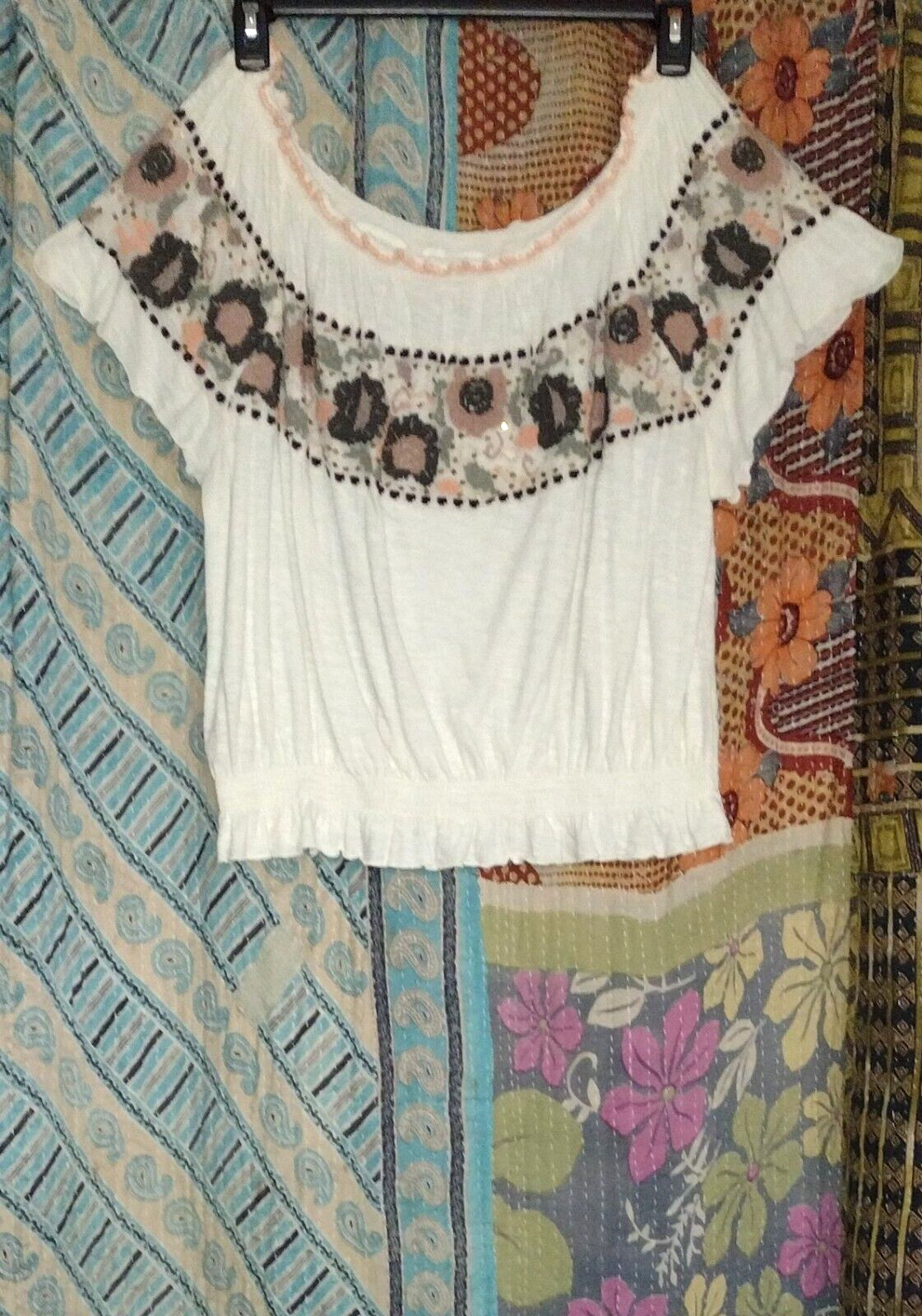 Women’s Free People Smocked Hippie Gypsy Off Shoulder Top Embroidered M 44/46B