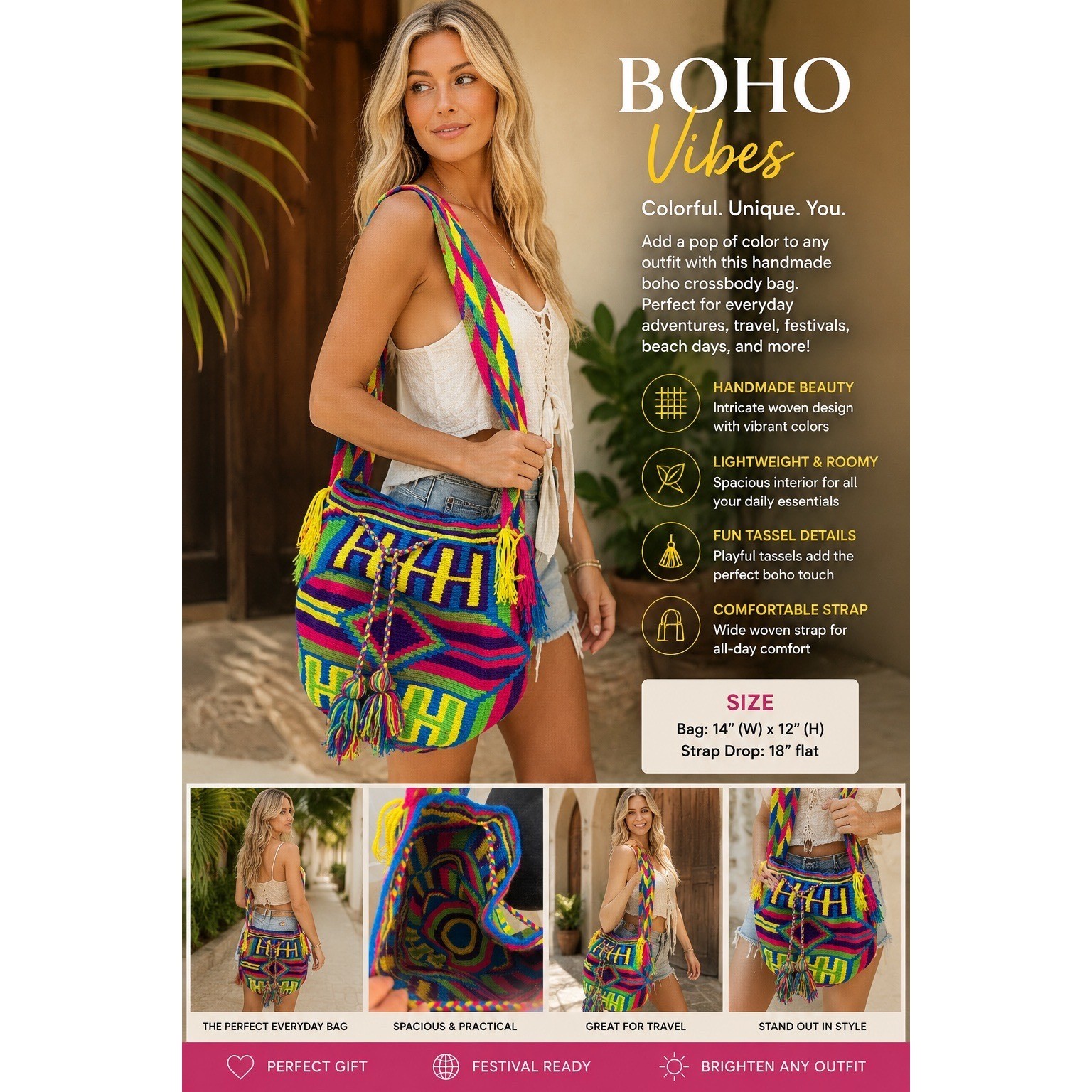 Handmade Boho Woven Crossbody Bag Multi-Color Tassel Festival Shoulder Bag NEW