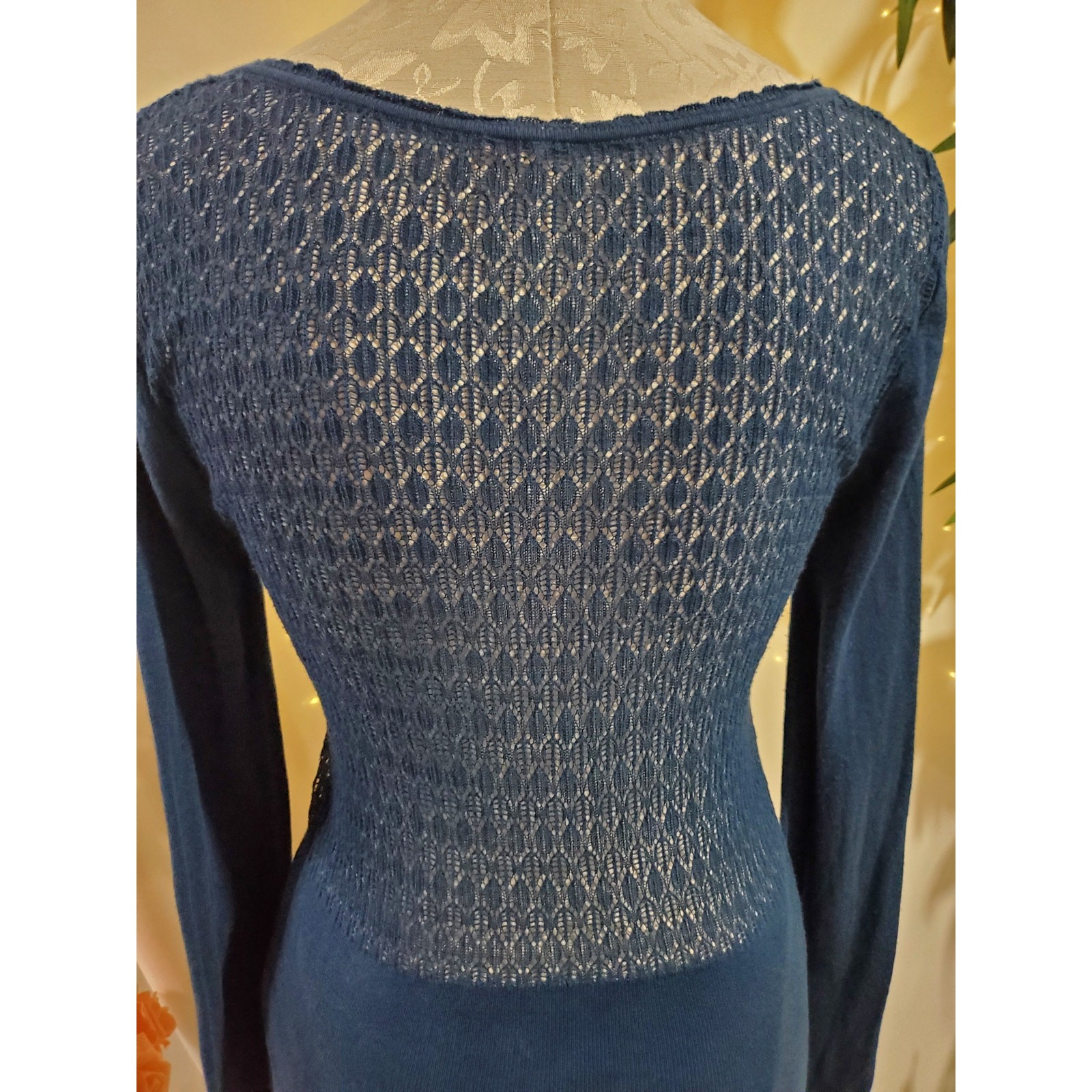 Free People Crochet Ruffle Button V-Neck Sheer Knit Sweater Womens Size S Blue