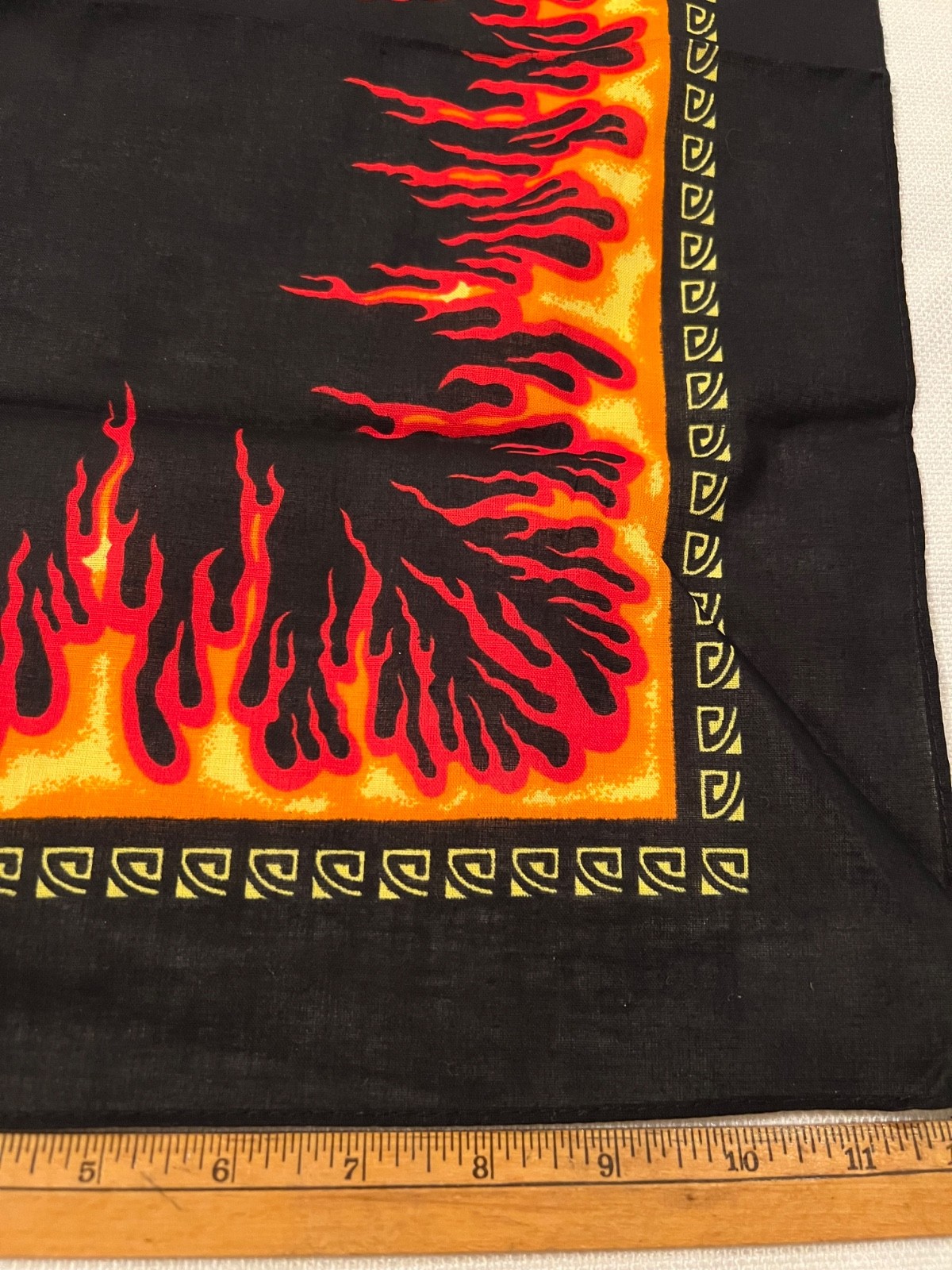 Cotton Bandana Flame Burst Fire Black Red Orange Yellow 21″ x 22″ NOS Never Used