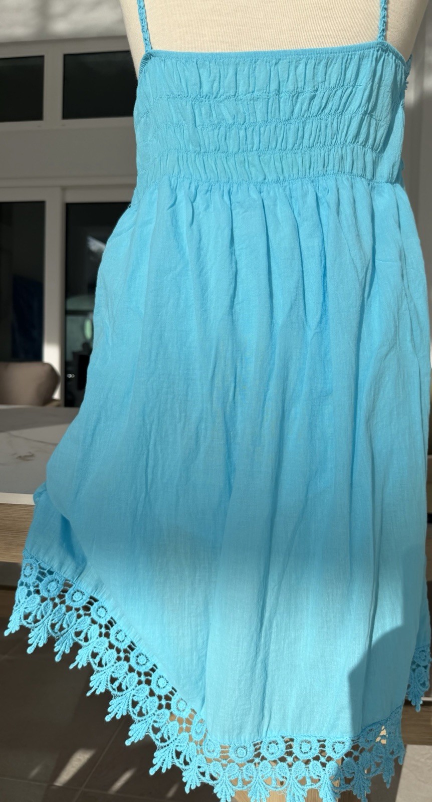 Crochet blue beaded fit and flare summer dress size M/L In great condition