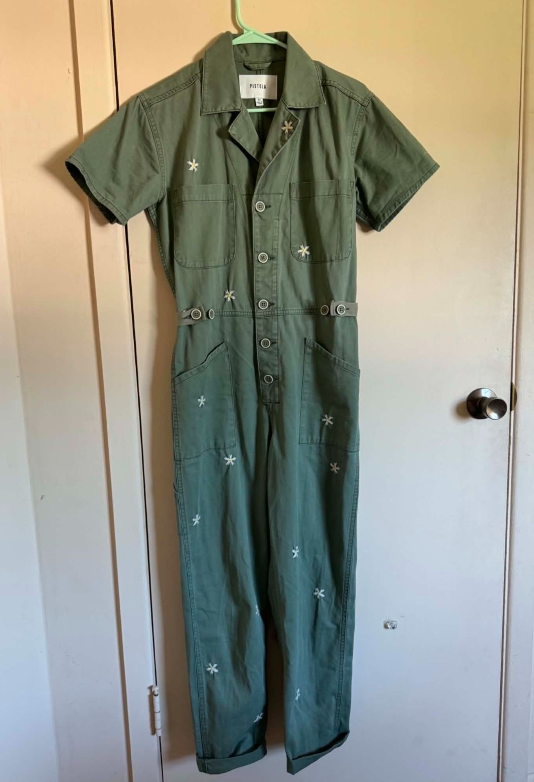 NWOT Grover Twill Flower Embroidered Button-Front Utility Jumpsuit Size XS