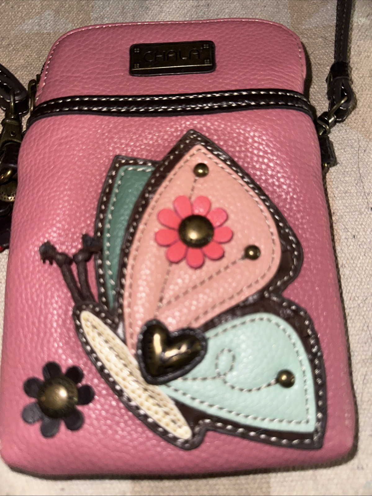 CHALA BLUE CREAM PINK BUTTERFLY CELL PHONE CROSSBODY PURSE