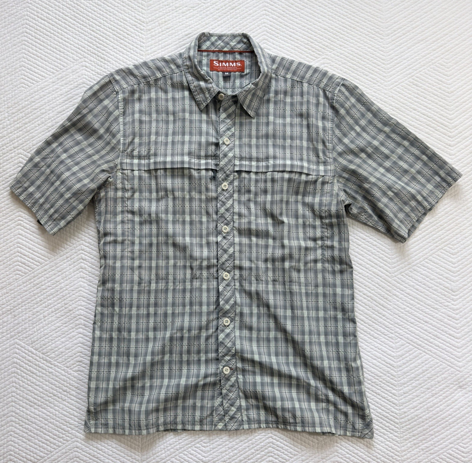 Simms Men’s M Gray Plaid Cotton Woven Short Sleeve Button-Up Shirt