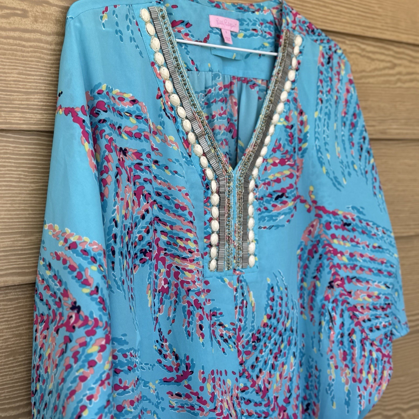 Lilly Pulitzer Wilda Bright Blue Beaded Neck Caftan Dress 238 Shorely Br G2U