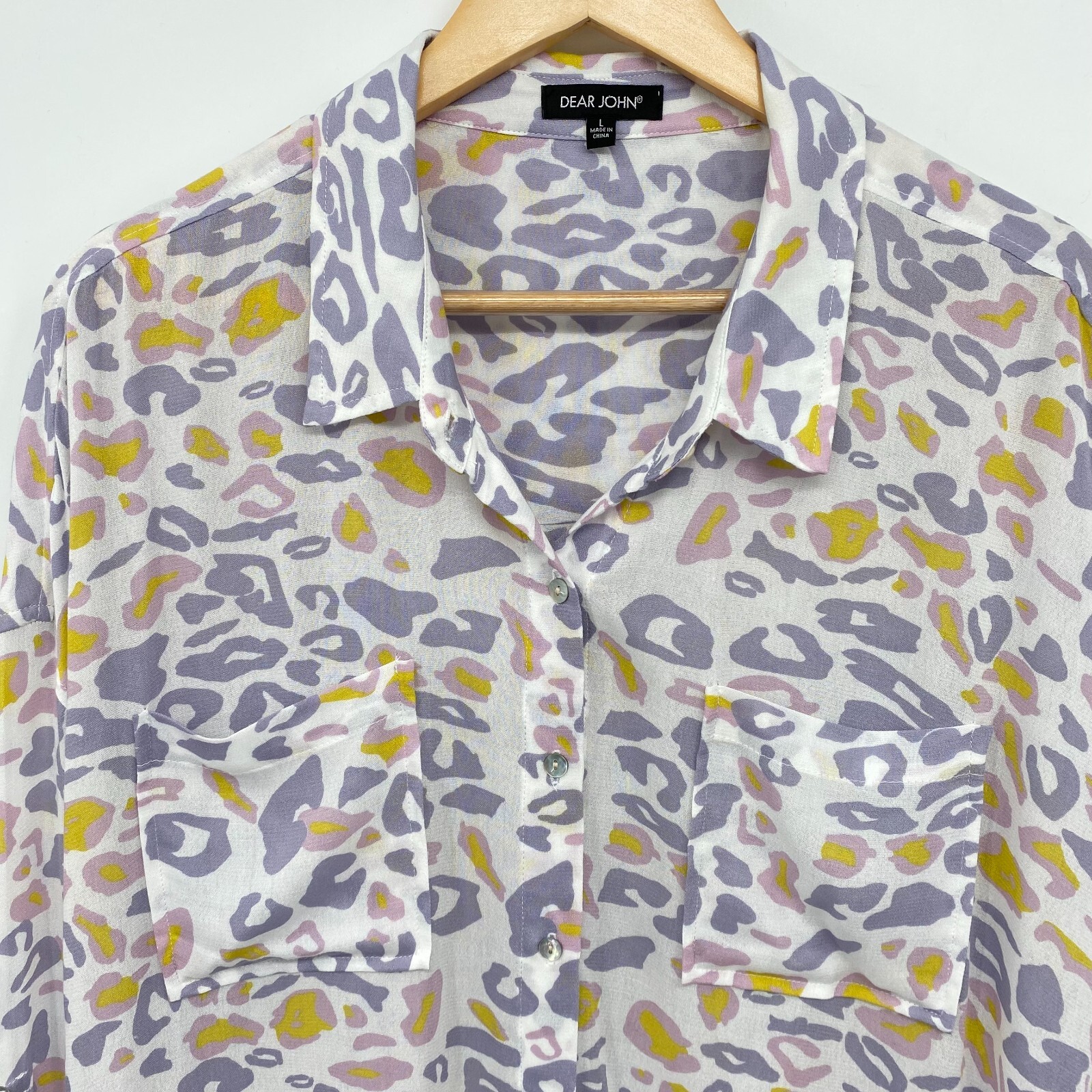 Dear John Arianna Top Shirt Blouse Size Large Leopard Long Roll Tab Sleeves Boho