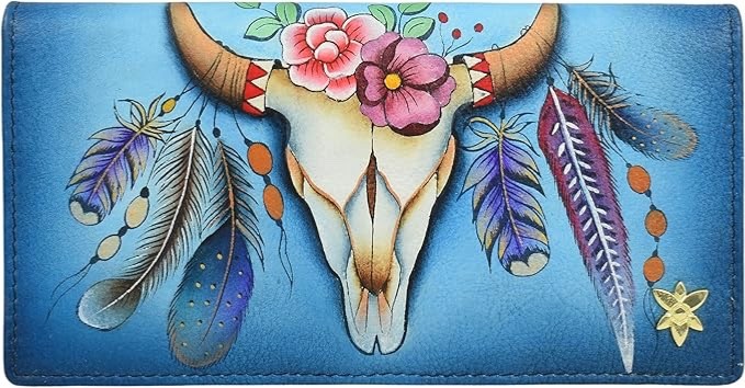 ANUSCHKA NWT🪶”RARE” RFID Bi-Fold Snap Clutch Wallet-Feather Skull Denim 1785