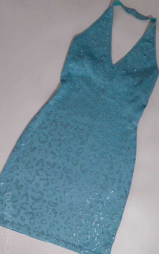 ST JOHN EVENING LIGHT AQUA BLUE W/ RHINESTONES BEDAZZLED Cocktail Dress SZ 6