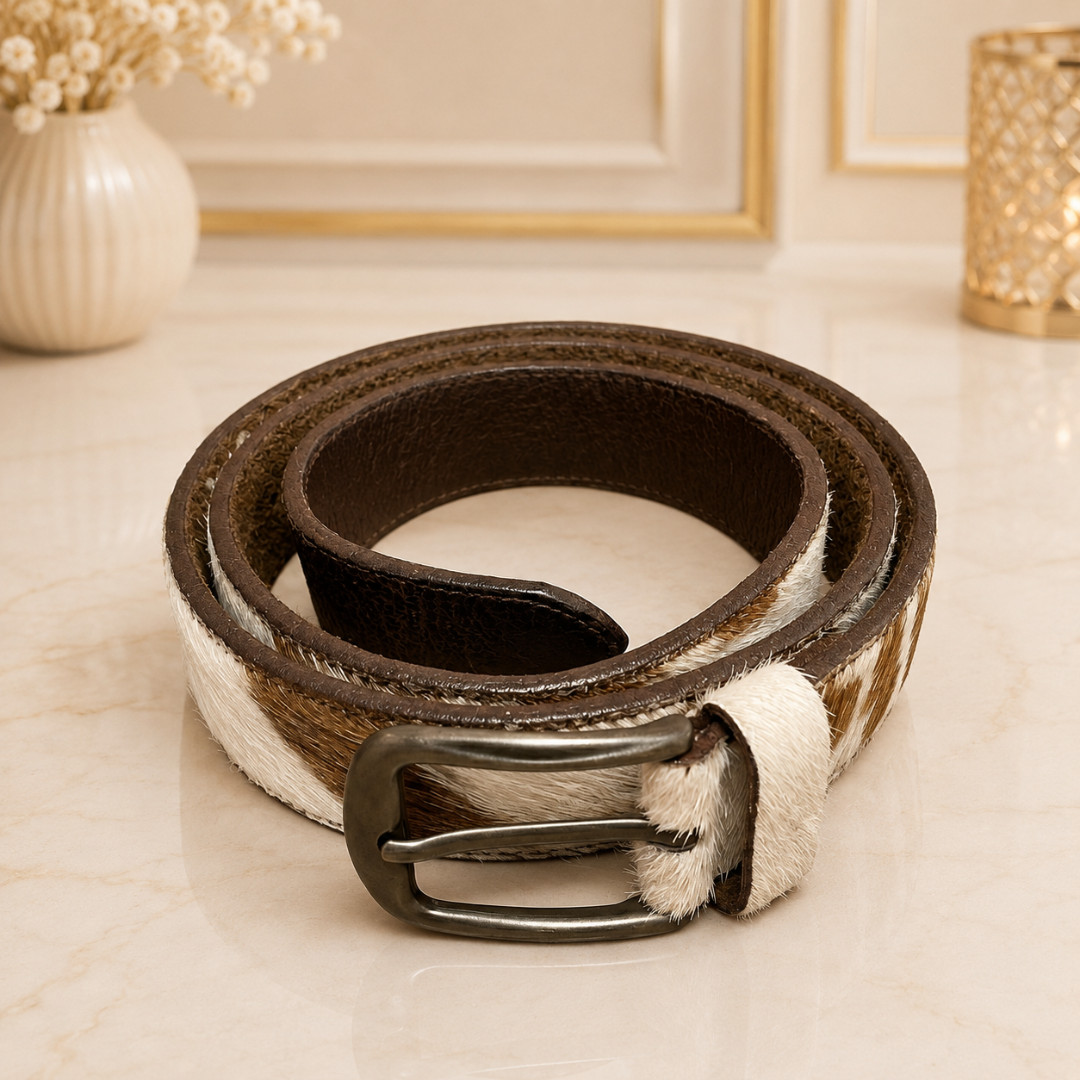 Handmade Brown White Hair-On Cowhide Leather Belt Western Gunmetal Buckle
