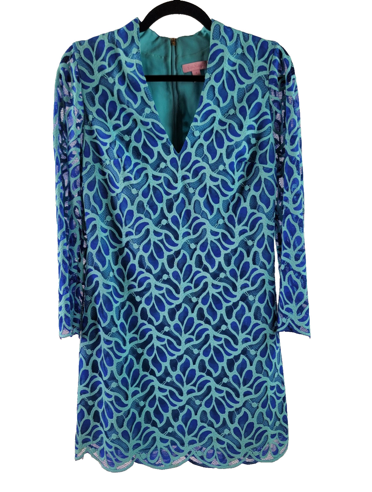 Lilly Pulitzer Womens Dress Sz 4 Shades of Blue V-Neck L/S Lined Back Zip