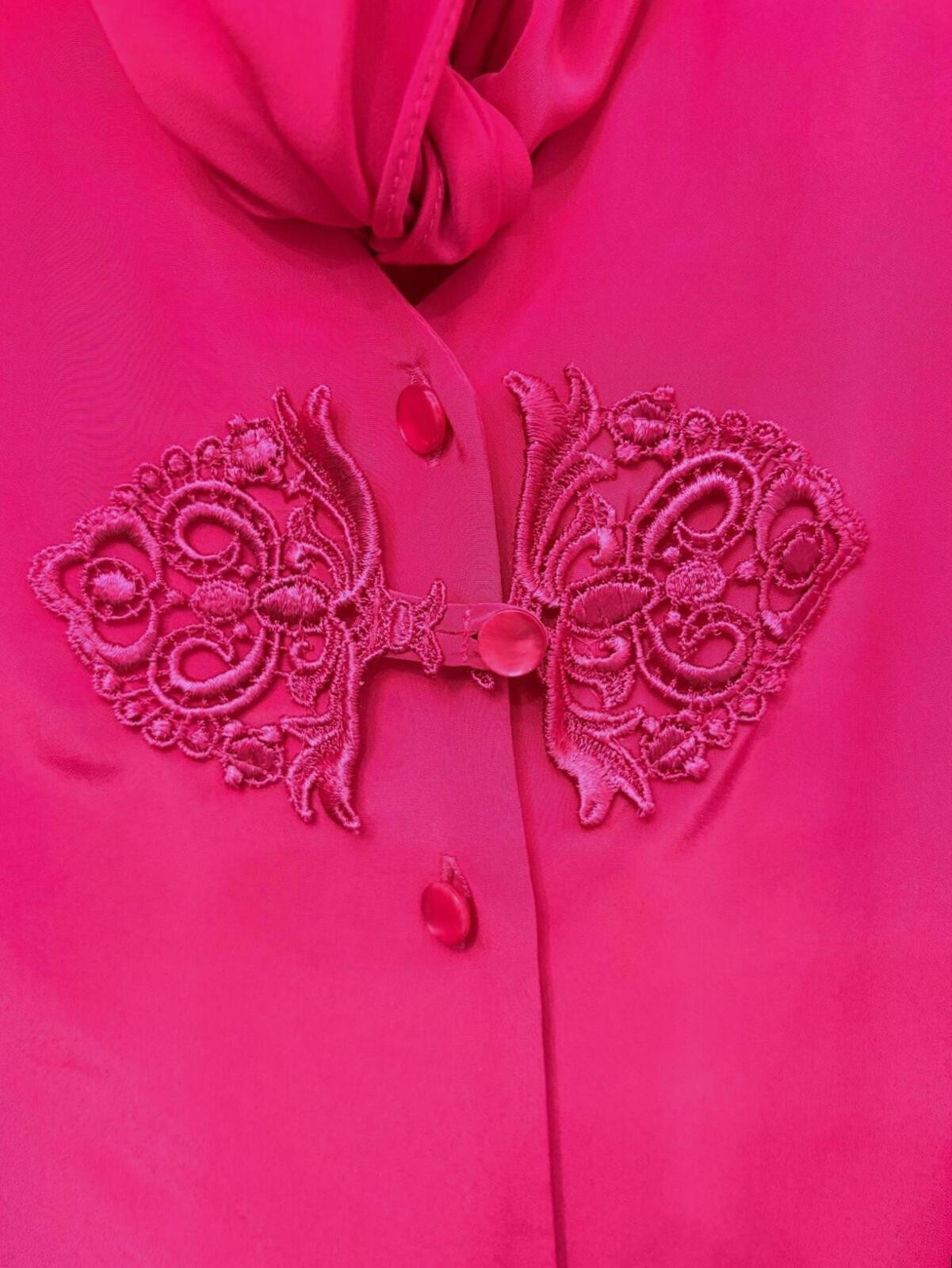 Vintage D’Allairds Fuchsia Bow Blouse | 80s Lace Detail Pink Secretary Top