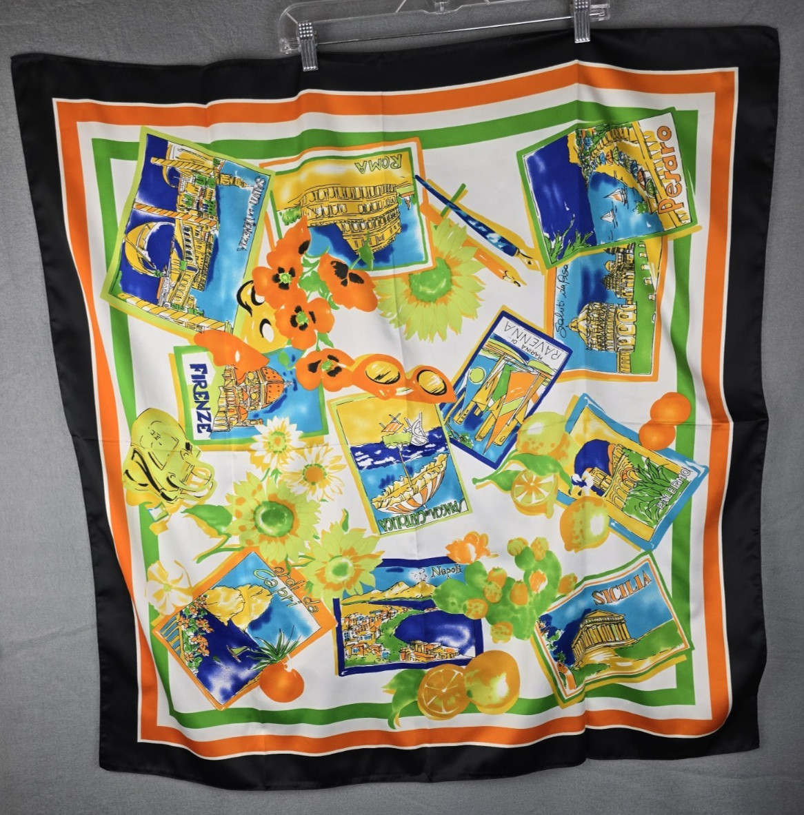Italian Souvenir Scarf Square Silk Feel Orange Black 33.5 x 34.5 Made in Italy