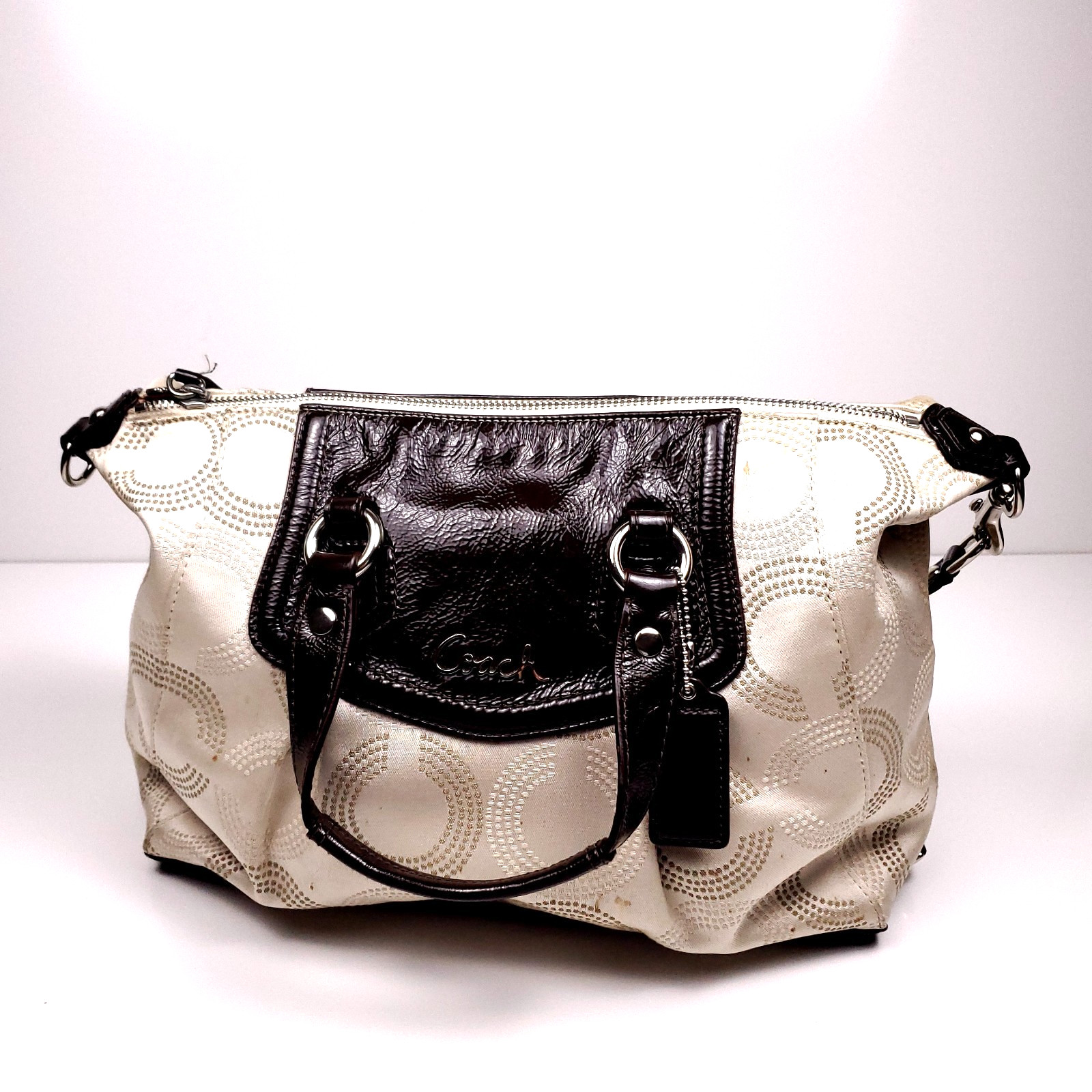 Coach Ashley F20027 Dotted Op Art Cream Brown Shoulder Bag Satchel Purse Handbag