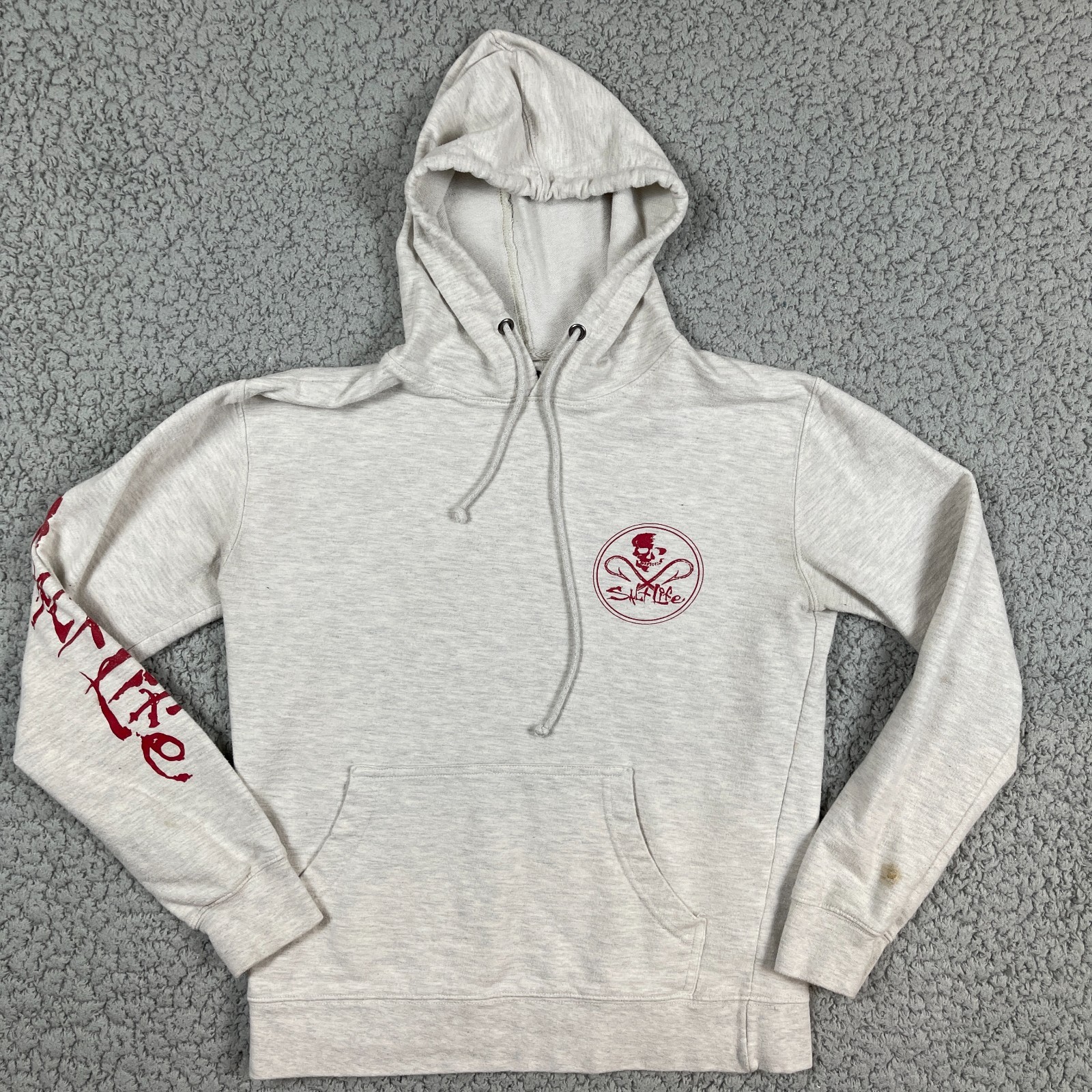 Salt life Hoodie Mens Small Gray Skull & Hooks Fishing Logo Drawstring *Flaw