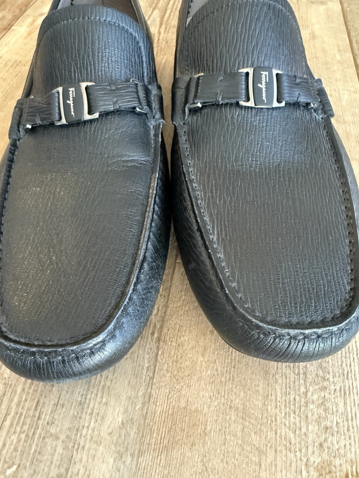 Salvatore Ferragamo Mens Black Leather Driving Moc Loafers Slip-On Sz 9
