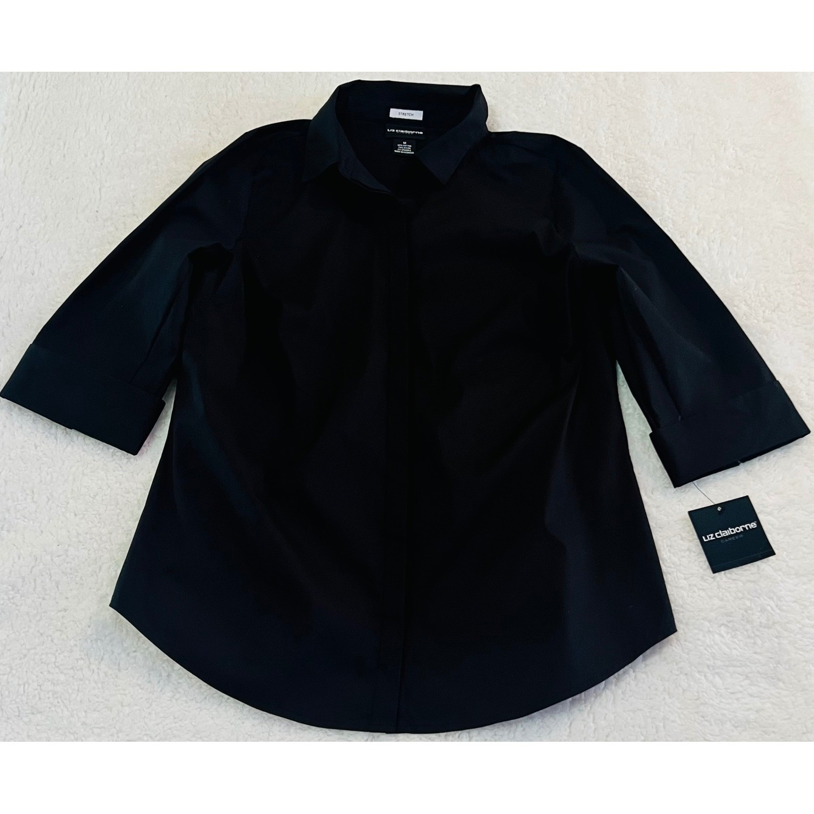 Liz Claiborne Career Black Stretch Button Up Shirt 3/4 Sleeve Hidden Placket M