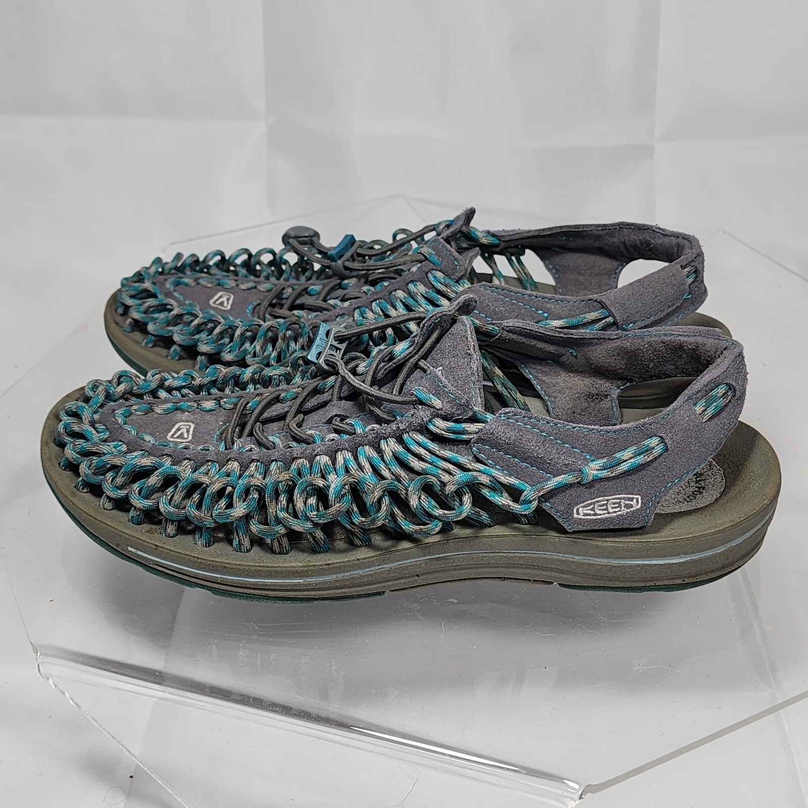Keen Uneek Sandals Women 10 Two Cord 1014113 Gray Teal Blue Outdoor Heel Strap