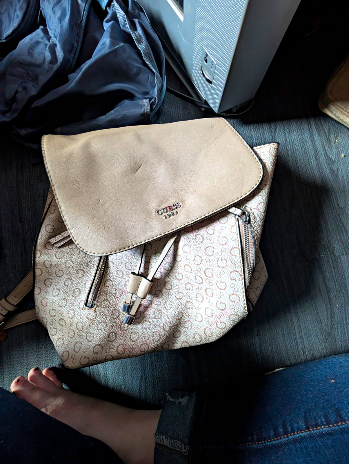 GUESS Beige Logo Backpack Drawstring & Magnetic Closure Zip Pockets Silver