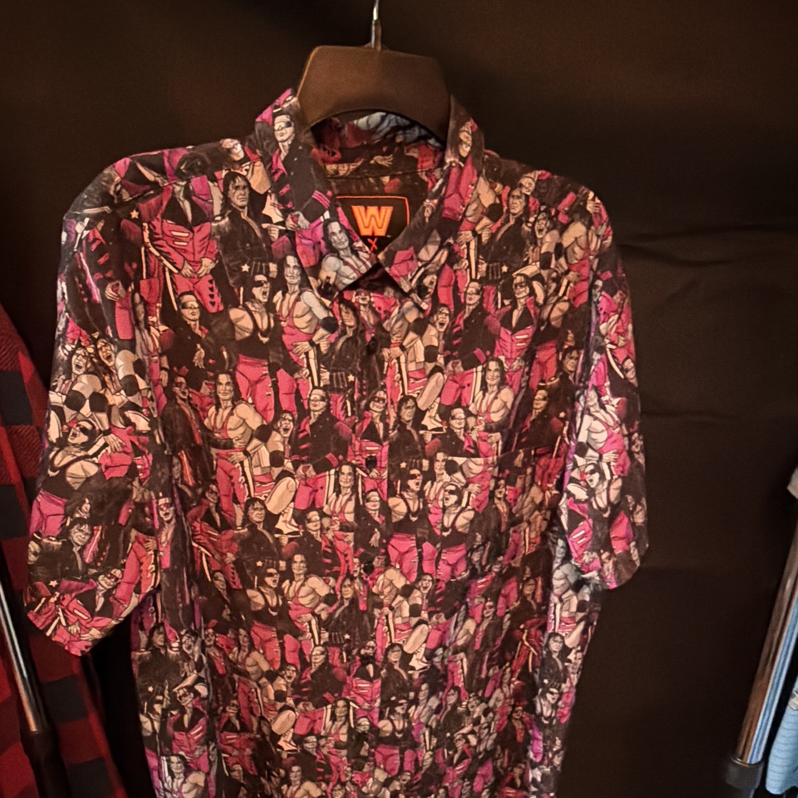 WWE x RSVLTS Black/Pink/White Graphic Print Short Sleeve Button-Up XL