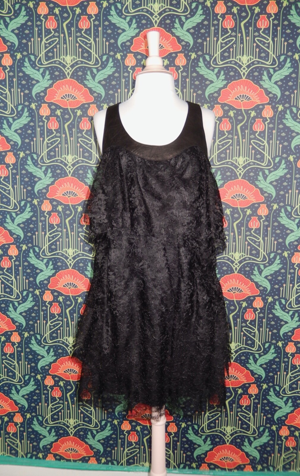Robert Rodriguez Black Tiered Lace Punk Whimsigoth Leather Trim Dress Nwt 8