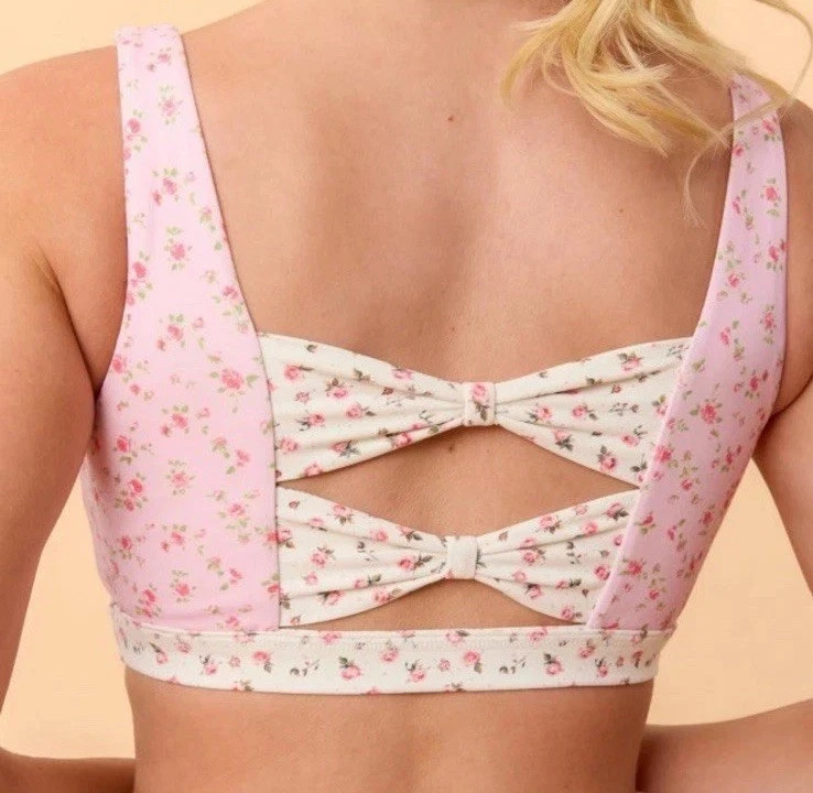 NWT Blogilates Bow Back Corset Sports Bra Pink Plaids Floral Size XL